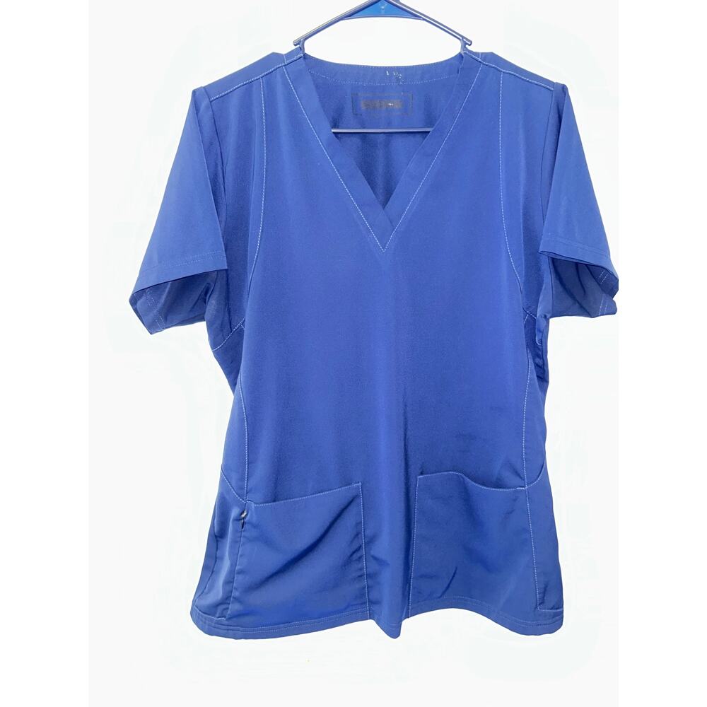 WonderWink Spread Good Cheer Scrub Top Womens M Blue V-Neck Short Sleeve